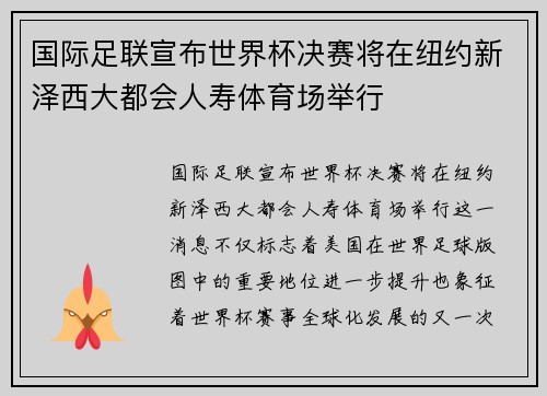 国际足联宣布世界杯决赛将在纽约新泽西大都会人寿体育场举行