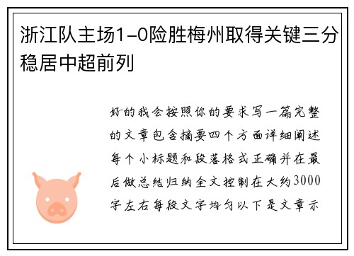 浙江队主场1-0险胜梅州取得关键三分稳居中超前列