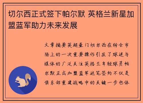 切尔西正式签下帕尔默 英格兰新星加盟蓝军助力未来发展